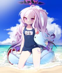  ahoge bare_arms bare_shoulders beach blue_archive blue_one-piece_swimsuit blue_sky breasts closed_mouth cloud commentary covered_navel day female hair_ornament hairclip halo highres hina_(blue_archive) hina_(swimsuit)_(blue_archive) horizon innertube kneeling konbu_(hida123) long_hair looking_at_viewer low_wings name_tag ocean old_school_swimsuit one-piece_swimsuit one_side_up outdoors parted_bangs purple_eyes purple_hair purple_wings sand school_swimsuit sky small_breasts solo swim_ring swimsuit v-shaped_eyebrows very_long_hair water wings 