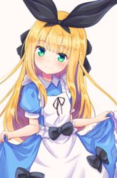  apron baram black_bow black_ribbon blonde_hair blue_dress blunt_bangs blush bow brown_background closed_mouth collared_dress commentary_request dress female frilled_apron frilled_dress frills green_eyes hair_ribbon highres long_hair looking_at_viewer mononobe_alice mononobe_alice_(1st_costume) nijisanji puffy_short_sleeves puffy_sleeves ribbon short_sleeves simple_background skirt_hold smile solo very_long_hair virtual_youtuber white_apron 