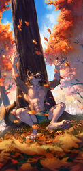  2022 4_toes 5_fingers abs anthro autumn autumn_leaves canid canine canis day detailed_background digital_media_(artwork) eyebrows eyelashes fall_foliage feet fingers forest grass hi_res male mammal mythological_canine mythological_creature mythology open_mouth outside plant rakan reilukah smile solo teeth toes tongue tree were werecanid werecanine werewolf wolf 