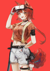  :d absurdres aiv animal_ears arknights belt black_belt brown_eyes commentary cowboy_shot female flametail_(arknights) flametail_(sport_for_all)_(arknights) gloves hand_on_own_hip hand_up head-mounted_display highres long_hair looking_at_viewer midriff navel official_alternate_costume open_mouth orange_shirt red_background red_hair shirt short_sleeves shorts simple_background smile solo squirrel_ears squirrel_tail standing stomach tail thigh_strap thighs tied_shirt very_long_hair white_shorts 