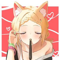  aki_rosenthal aki_rosenthal_(gaming_casual) animal_ear_fluff animal_ears bare_shoulders blonde_hair blurry blush braid closed_eyes collarbone depth_of_field extra_ears facing_viewer female fingernails food foreshortening green_nails highres hololive incoming_pocky_kiss mouth_hold nail_polish official_alternate_costume official_alternate_hairstyle parted_bangs pocky pocky_day pov solo twin_(tt_lsh) virtual_youtuber 