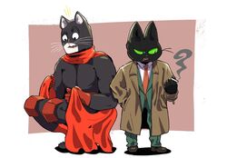  alternate_costume anthro black_body black_fur blacksad cape cartoon_network cigarette clothing clothing_swap coat digitigrade domestic_cat duo felid feline felis fur green_eyes john_blacksad male mammal mao_mao:_heroes_of_pure_heart muscular muscular_male necktie red_clothing sheriff_mao_mao_mao smoking toony topwear trenchcoat vetiver_n 