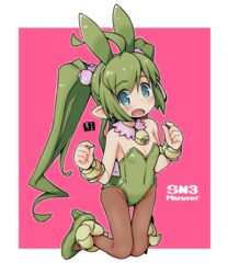  ahoge animal_ears bare_shoulders blue_eyes brown_pantyhose character_name commentary_request copyright_name covered_navel fake_animal_ears female green_footwear green_hair green_hairband green_leotard hairband hands_up high_heels leotard long_hair looking_at_viewer marurur mawaru_(mawaru) oerba_yun_fang open_mouth pantyhose pink_background playboy_bunny pointy_ears rabbit_ears shoes solo strapless strapless_leotard summon_night summon_night_3 twintails two-tone_background very_long_hair white_background 