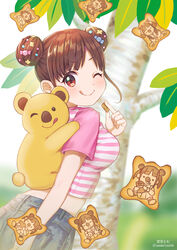  ;q blurry blush breasts brown_hair candy candy_hair_ornament carrying closed_mouth commentary_request crop_top denim denim_skirt double_bun female food food-themed_hair_ornament from_side hair_bun hair_ornament highres idolmaster idolmaster_shiny_colors koala looking_at_viewer medium_breasts one_eye_closed palm_tree piggyback red_eyes shirt short_hair short_sleeves skirt smile solo sonoda_chiyoko soramame_tomu striped_clothes striped_shirt tongue tongue_out tree 