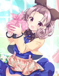  :d apron black_bow black_ribbon blue_shirt blue_skirt bow brown_hair brown_jacket commentary_request commission female flower hair_ribbon hands_up hinata_momo holding jacket long_sleeves looking_at_viewer open_clothes open_jacket open_mouth parted_bangs pink_apron plaid plaid_apron pleated_skirt red_eyes ribbon shirayuki_(sister_princess) shirt sister_princess skirt smile solo waist_apron watermark white_flower white_shirt window wrapped_bento 