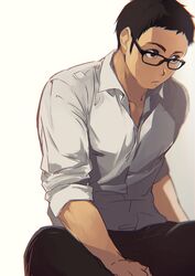  1boy 8_(yamalu) bara black_hair black_pants closed_mouth collared_shirt glasses haikyuu!! looking_away male_focus muscular muscular_male pants sawamura_daichi shirt short_hair sideburns sitting sleeves_rolled_up solo white_background white_shirt 