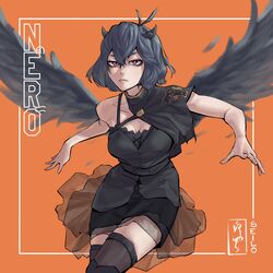  ahoge alternate_costume antenna_hair artist_name bags_under_eyes black_bulls_(emblem) black_capelet black_clover black_dress black_wings blue_hair border breasts capelet character_name cleavage demon_horns dress expressionless feathered_wings female highres horns orange_background outstretched_arms red_eyes secre_swallowtail see-through see-through_skirt seilo_art short_hair signature skirt solo spread_arms thighhighs watermark wings zettai_ryouiki 