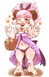  2020 anthro basket blush bovid caprine clothed clothing container female fur hair hooves horn kemono mammal navel nightgown one_eye_closed panties pink_hair setouchi_kurage sheep simple_background solo underwear white_background white_body white_fur wink 