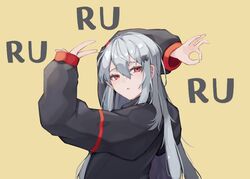  absurdres ahoge alternate_costume arknights black_jacket female goodbye_sengen_(vocaloid) grey_hair hair_between_eyes hair_ornament highres hood hood_down hooded_jacket jacket long_hair ok_sign parody parted_lips red_eyes skadi_(arknights) solo upper_body v yuu_azma 