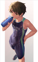  1boy asics bare_shoulders bottle brown_eyes brown_hair bulge chromatic_aberration clothes_writing covered_collarbone covered_navel drinking dripping english_text gradient_background hand_on_own_hip highres holding holding_bottle looking_ahead looking_away male_focus md5_mismatch nayoshi_(r-744) original resolution_mismatch shoelaces shoes simple_background single_stripe singlet sleeveless sneakers solo source_smaller sportswear standing striped sweat toned toned_male triathlon_suit vertical_stripes water water_bottle wet yellow_eyes 