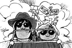  2girls :3 antlers bkub_(style) car chibi commentary_request cowboy_hat dragon_horns explosion greyscale hat horns houzuki_(hotondo) kicchou_yachie kurokoma_saki monochrome motor_vehicle multiple_girls parody poptepipic sunglasses touhou translated 