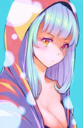  aqua_background aqua_hair blunt_bangs breasts cleavage closed_mouth female heterochromia hood hood_up hooded_jacket jacket large_breasts long_hair looking_at_viewer orange_eyes original polka_dot polka_dot_jacket red_eyes red_jacket simple_background solo tomamatto upper_body 