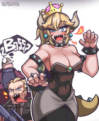  1boy absurdres armlet bare_shoulders black_collar black_dress blonde_hair blue_eyes bowsette bracelet breasts breath_weapon breathing_fire collar collarbone commentary_request covered_navel cowboy_shot dress earrings english_commentary female fire goomba hair_between_eyes hand_up highres horns jewelry korean_commentary long_hair looking_at_viewer mario_(series) mixed-language_commentary new_super_mario_bros._u_deluxe open_mouth pointy_ears president_koopa sagas293 sharp_teeth spiked_armlet spiked_bracelet spiked_collar spiked_shell spiked_tail spikes standing strapless strapless_dress super_crown super_mario_bros._(1993_film) tail teeth thick_eyebrows tongue tongue_out turtle_shell 