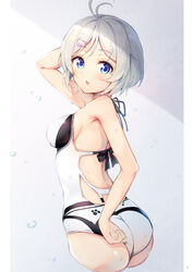  .live :o adjusting_clothes adjusting_swimsuit ahoge antenna_hair arm_up armpits ass back bare_arms bare_shoulders black_ribbon blush breasts casual_one-piece_swimsuit cat_hair_ornament cropped_legs dennou_shoujo_siro female from_behind gradient_background grey_background grey_hair hair_ornament hairclip highres looking_at_viewer looking_back medium_breasts nijihashi_sora one-piece_swimsuit open_mouth parted_bangs photoshop_(medium) ribbon shiny_skin short_hair sideboob simple_background solo sweat sweatdrop swimsuit thighs virtual_youtuber water_drop wet white_one-piece_swimsuit 