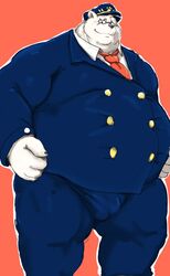  2022 anthro bear black_nose bottomwear clothing eyewear glasses hat headgear headwear hi_res kemono kotobuki male mammal necktie obese obese_male overweight overweight_male pants polar_bear scar shirt simple_background solo topwear ursine white_body 