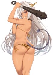  animal_print arm_up ass bikini breasts brown_eyes club_(weapon) collar cowboy_shot dark-skinned_female dark_skin demon_tail dragon_girl enjo_kouhai female fingernails from_behind grey_hair grin hair_intakes highres horns kanabou long_hair looking_at_viewer looking_back sharp_fingernails side-tie_bikini_bottom simple_background small_breasts smile solo spiked_club spiked_collar spikes standing swimsuit tail takunomi tan tiger_print ursula_(takunomi) weapon white_background 