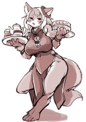  2020 anthro blush breasts cake canid canine clothed clothing dessert dress female food fox holding_object kemono mammal monochrome setouchi_kurage simple_background solo teapot white_background 