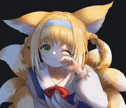  ;3 animal_ear_fluff animal_ears arknights bad_id bad_lofter_id black_background blonde_hair blue_hairband bow braid braided_hair_rings closed_mouth collarbone collared_shirt commentary_request female fox_ears fox_girl fox_tail green_eyes hair_rings hairband hand_up kitsune long_sleeves looking_at_viewer one_eye_closed paw_pose puffy_long_sleeves puffy_sleeves red_bow shirt simple_background siyu_csy solo suzuran_(arknights) tail twin_braids upper_body white_shirt 