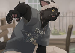  anthro black_body black_fur claws clothing curtis_wuedti domestic_cat elias_(the_house) felid feline felis fur hat headgear headwear hi_res male mammal netflix shirt solo t-shirt the_house_(netflix) topwear whiskers yellow_eyes 