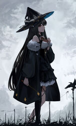  absurdres amamizu_shizuku animal bare_shoulders bird black_dress black_hair black_hat black_jacket black_legwear breasts closed_mouth cloud cloudy_sky commentary_request copyright_request dress female from_side fur-trimmed_jacket fur_trim hand_up hat highres holding jacket long_hair long_sleeves md5_mismatch medium_breasts off-shoulder_jacket off_shoulder outdoors power_lines puffy_long_sleeves puffy_sleeves red_eyes single_leg_pantyhose sky sleeveless sleeveless_dress smile solo standing utility_pole very_long_hair virtual_youtuber witch_hat 