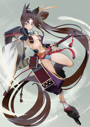  absurdly_long_hair absurdres armor asymmetrical_clothes asymmetrical_sleeves black_gloves blue_eyes blue_panties blush breast_curtains breasts brown_hair closed_mouth commentary_request fate/grand_order fate_(series) feather_hair_ornament feathers female full_body gloves hair_ornament hat highres holding holding_sheath holding_sword holding_weapon japanese_armor katana kusazuri leg_up linea_alba long_hair looking_at_viewer mismatched_sleeves navel nishiide_kengorou panties revealing_clothes sheath sheathed shoulder_armor sidelocks single_glove single_pantsleg single_sode small_breasts socks sode solo stomach sword tassel tate_eboshi toned underwear ushiwakamaru_(fate) very_long_hair weapon white_sleeves wide_sleeves 