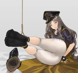  absurdres arms_behind_back ass black_socks blush bondage bondage bound bound_ankles brown_dust brown_hair chuck_(harfmoondark) female gloves grey_hair hat highres long_hair looking_at_viewer ludmilla_(brown_dust) military_hat mole mole_under_eye no_shoes pov socks soles solo 