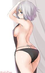  against_wall apron ass bikini bikini_bottom_only bikini_under_clothes black_bikini blue_eyes blush breasts female grey_hair hair_ornament hairclip hamakaze_(kancolle) hands_on_own_head highres kantai_collection large_breasts nearly_naked_apron parted_lips saku_(kudrove) short_hair sideboob solo swimsuit twitter_username 