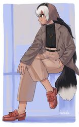  alternate_costume animal_ears arm_rest artist_name badger_ears badger_girl badger_tail belt black_hair brown_eyes brown_hair casual closed_mouth contemporary crossed_legs dark-skinned_female dark_skin female full_body hanada_(cobalt003) hand_in_pocket high-waist_pants highres jacket jewelry kemono_friends long_hair long_sleeves looking_afar multicolored_hair open_clothes open_jacket pants pendant pocket profile shirt shoes sitting sleeves_past_wrists smile solo tail tomboy very_long_hair white_hair wolverine_(kemono_friends) 