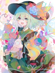  absurdres aqua_eyes blush bow collared_shirt dated eyeball female floral_background flower frilled_sleeves frills green_eyes green_hair green_skirt hair_flower hair_ornament hat hat_bow hat_ribbon heart heart_of_string highres koishi_day komeiji_koishi long_sleeves looking_at_viewer petals ribbon rose shirt skirt solo string third_eye touhou umemaro_(siona0908) wavy_hair wide_sleeves yellow_bow yellow_ribbon yellow_shirt 