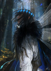  1boy au_(d_elete) black_cloak black_hair cloak closed_eyes commentary crown day fate/grand_order fate_(series) forest fur_trim highres insect_wings light_particles long_sleeves male_focus medium_hair nature oberon_(fate) oberon_(third_ascension)_(fate) outdoors profile shirt solo spoilers symbol-only_commentary twitter_username white_shirt wings 