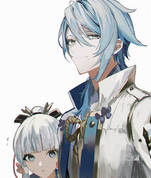  1boy bad_id bad_twitter_id blue_eyes blue_hair blunt_bangs brother_and_sister commentary_request female flying_sweatdrops genshin_impact grey_hair hair_between_eyes hair_ribbon height_difference highres japanese_clothes kamisato_ayaka kamisato_ayato looking_at_viewer mole mole_under_eye mole_under_mouth parted_lips ponytail ribbon siblings simple_background sweat tress_ribbon ueauwa white_background white_hair 