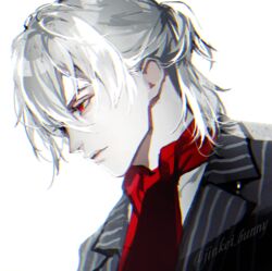  1boy antonio_salieri_(fate) antonio_salieri_(second_ascension)_(fate) ascot bad_id bad_pixiv_id black_jacket black_suit closed_mouth commentary expressionless fate/grand_order fate_(series) formal from_side grey_hair hair_between_eyes half-closed_eyes half_updo jacket koshika_rina lips male_focus nose pale_skin pinstripe_pattern pinstripe_suit portrait red_ascot red_eyes shirt short_ponytail simple_background solo striped striped_suit suit twitter_username watermark white_background white_hair white_shirt 