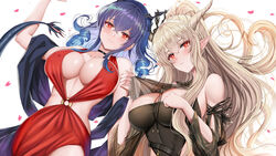  2girls absurdres arknights bare_shoulders belt black_cloak black_one-piece_swimsuit blue_hair blush breasts ch&#039;en_(arknights) cloak closed_mouth collarbone detached_sleeves double_bun dragon_horns dragon_tail dress fingernails hair_between_eyes hair_bun hair_spread_out high_ponytail highres holding horns jewelry large_breasts light_brown_hair long_fingernails long_hair long_sleeves looking_at_viewer lying multiple_girls nail_polish o-ring_dress official_alternate_costume on_back one-piece_swimsuit oni_horns paid_reward patreon_reward piukute062 pointy_ears red_dress red_eyes shining_(arknights) shining_(silent_night)_(arknights) short_hair sideboob sidelocks simple_background single_horn skindentation sleeveless sleeveless_dress smile swimsuit tail thigh_strap underboob very_long_hair wavy_hair white_background white_nails 