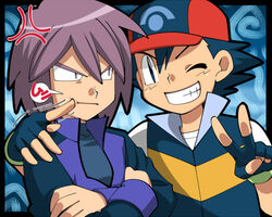  2boys amada angry annoyed baseball_cap black_hair cheek_poking commentary_request crossed_arms fingerless_gloves gloves grin hat looking_at_another male_focus multiple_boys one_eye_closed paul_(pokemon) pokemon pokemon_(anime) pokemon_dppt_(anime) poking purple_hair satoshi_(pokemon) smile v 