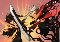  2boys arc_system_works attack battle black_hair black_pants blazblue cigarette clash commentary_request company_connection crossover duel fingerless_gloves fireseal gloves grin guilty_gear hair_over_one_eye headband hiryuu_(kugelcruor) huge_weapon jumping long_hair male_focus manly multiple_boys muscular open_mouth outstretched_arm pants ragna_the_bloodedge shouting smile smoke smoking sol_badguy spiked_hair sword text_focus voice_actor_connection weapon white_hair 