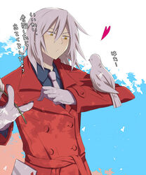  1boy animal_on_arm august_7 bad_id bad_pixiv_id bird bird_on_arm coat darker_than_black flower formal leghorn male_focus rose solo translation_request trench_coat white_hair yellow_eyes 