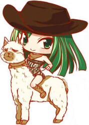  achiba bad_link bare_shoulders boots chibi cowboy_hat dress fairy_tail female green_eyes green_hair hat long_hair lowres neckerchief reins riding sleeveless smile solo visca_mulan 