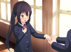  amamiya_minato bad_hands black_hair blush brown_eyes commentary_request female hand_grab holding_hands jewelry k-on! long_hair marriage_proposal nakano_azusa neck_ribbon out_of_frame putting_on_jewelry red_ribbon ribbon ring sakuragaoka_high_school_uniform school_uniform solo_focus surprised twintails 