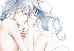  bad_id bad_pixiv_id darker_than_black female fetal_position grey_hair long_hair lying nude on_side photoshop_(medium) purple_eyes simple_background solo wooga yin_(darker_than_black) 