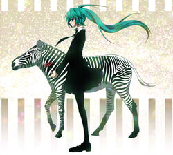  aqua_eyes aqua_hair bad_id bad_pixiv_id female flower formal full_body hatsune_miku legs long_hair necktie pantyhose photoshop_(medium) profile saihate_(vocaloid) skirt solo vocaloid yyukke zebra 