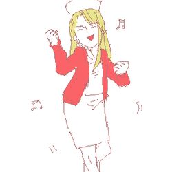  blonde_hair dancing female happy hat jacket knees lisa_garland long_hair lowres musical_note nurse nurse_cap oekaki red_theme silent_hill_(series) silent_hill_1 solo sweat sweatdrop yokoshima_(tirimoti) 