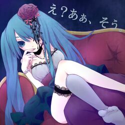  blue_eyes blue_hair bracelet commentary_request couch female flower hair_flower hair_ornament hair_over_one_eye hatsune_miku jewelry legs long_hair sailor_antei sitting solo thigh_strap thighhighs vocaloid 