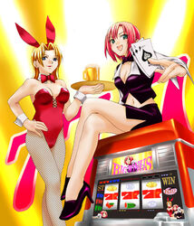  2girls alcohol animal_ears artist_request beer blonde_hair blue_eyes bow bowtie breasts card cleavage crop_top crossed_legs croupier fishnet_pantyhose fishnets hand_on_own_hip high_heels holding holding_card large_breasts legs midriff multiple_girls navel pantyhose playboy_bunny rabbit_ears red_hair rio_rollins shoes sitting slot_machine super_blackjack tiffany_abbott tray 