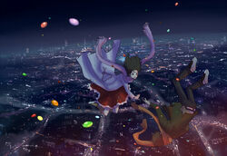  1boy bad_id bad_pixiv_id black_hair candy city cityscape couple falling female food jacket katagiri lights night scarf sky straight tokyo_marble_chocolate 