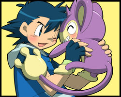  1boy ^_^ aipom amada closed_eyes commentary_request fingerless_gloves gloves holding lifting male_focus no_headwear one_eye_closed open_mouth pokemon pokemon_(anime) pokemon_(creature) pokemon_rse_(anime) satoshi_(pokemon) smile 