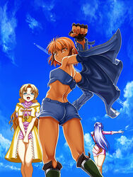  3girls aircraft airplane angry ass back blonde_hair blue_eyes boots bow commentary_request contrail crop_top day fingerless_gloves glasses gloves gradient_hair highres ibis_douglas jacket long_hair looking_back midriff multicolored_hair multiple_girls orange_hair own_hands_clasped own_hands_together pantylines purple_hair short_hair shorts sky sleigh_presty smile super_robot_wars syunzou tan toned trefoil tsugumi_takakura v_arms 