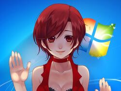  bad_id bad_pixiv_id breasts cleavage female fourth_wall hands lips medium_breasts meiko_(vocaloid) microsoft_windows nez-doll red_eyes red_hair short_hair smile solo vocaloid windows_7 windows_logo 