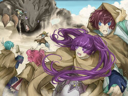  3boys 3girls asbel_lhant bad_id bad_pixiv_id battle blue_eyes blue_hair brothers brown_hair cheria_barnes cloak gun hubert_ozwell keika malik_caesars monster multicolored_hair multiple_boys multiple_girls pascal_(tales) pink_hair purple_eyes purple_hair red_hair scarf siblings sophie_(tales) sword tales_of_(series) tales_of_graces twintails two-tone_hair weapon white_hair 