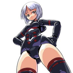  alternate_color alternate_hair_color asuka_(busou_shinki) bad_id bad_pixiv_id black_thighhighs bob_cut bow breasts busou_shinki covered_navel crotch dd_(ijigendd) doll_joints female from_below gloves hands_on_own_hips joints leotard looking_at_viewer looking_down parted_bangs red_eyes ribbon-trimmed_legwear ribbon_trim short_hair simple_background small_breasts solo thighhighs white_background white_hair 