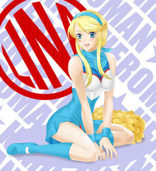  blonde_hair blue_eyes blush boots cheerleader commentary_request female hairband heroman lina_davis pom_pom_(cheerleading) sitting solo tonbidou v_arms wariza 